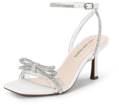 DREAM PAIRS Women's Double Bowknots Heels Sandals | Dazzling rhinestone dress sandal, stiletto heel, chic square toe, cushioned insole, party/wedding