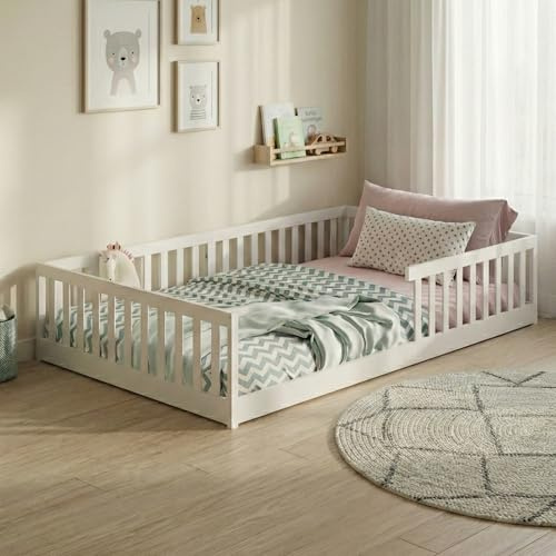 Kids Collective Kinderbett Bodenbett 120x200 cm mit Rausfallschutz & Lattenrost Montessori Bett Bed Gitterbett Kinder Jugendbett Einzelbett | weiß weitere Größen | 90x200 | 140x200 cm