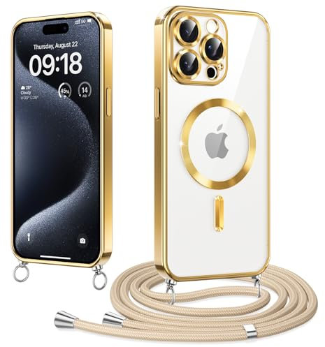 Woijrly Magnetische Handyband mit Band für iPhone 15 Pro Hülle, [Kompatibel mit Magsafe] Handyhülle Case mit justierbarer Schnur Abnehmbar Strap, Crossbody Schutzhülle zum Umhängen Kordel, Gold