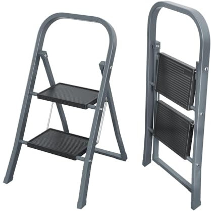 EASYSPEED Escalera Plegable,Escalera 2 Peldaños,Antideslizante Escaleras Puede Soportar 150 kg,Acero Escalera Ligera y Portátil,Ideal para La Cocina, El Baño o El Dormitorio, Color Gris
