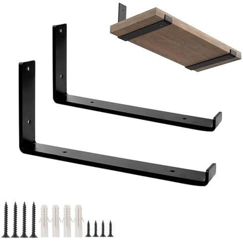 DJCYGG Lot de 2 Équerres Étagère de Fixation Murale,Supports d'étagère Flottants,Equerre Etagere pour Charge Lourde avec Rebord,pour Bibliothèque Salon Chambre,avec Vis (Noir,10cm)