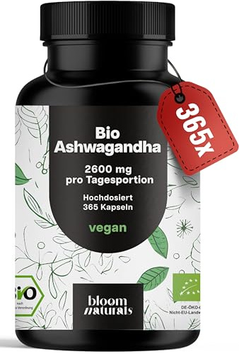 Bio Ashwagandha Kapseln hochdosiert – 365 Kapseln – 2600 mg pro Tagesportion – vegan – Produziert in Deutschland – Verpackung kann variieren – Laborgeprüft