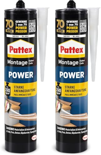Pattex colle de montage Power, colle de construction avec forte adhérence initiale, colle forte pour matériaux absorbants, colle pour intérieur & extérieur, 1x 370 g cartouche (Lot de 2)