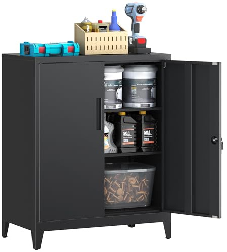 Armoire de Rangement en Métal, Armoire de Garage verrouillable avec 2 Étagères, de Bureau avec étagères Réglables, pour le Bureau, le Garage et la Buanderie, 40 x 80 x 100 cm, Noir