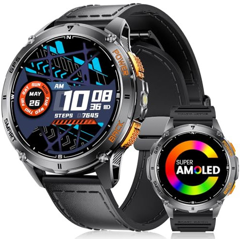 LIGE GPS Integrato Orologio Smartwatch Uomo, 1.43 AMOLED Smart Watch con Torcia LED per Android & iOS, Impermeabile 5ATM, 300+ Quadranti, Bussola/Altimetro, 170+ Sports, Nero