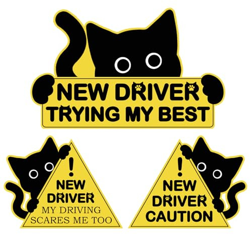 3Pcs Black Cat New Car Driving Magnets, Funny New Driver Magnet for Car Please Be Patient, Safety Warning Signs for Student Driver Moderate Size & Long Service Life