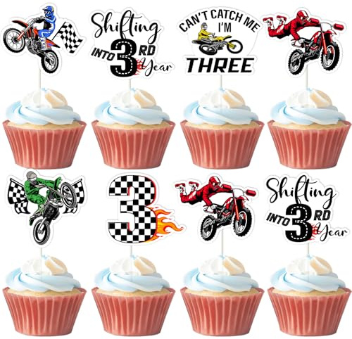 36pcs Motorcycle 3rd Birthday Cupcake Toppers Dirt Bike Third Birthday Decorations Can't Catch Me I'm Three Cake Decors Motocross Motorcycle Motorbike Racing Extreme Sports Rider Bday Party Supplies