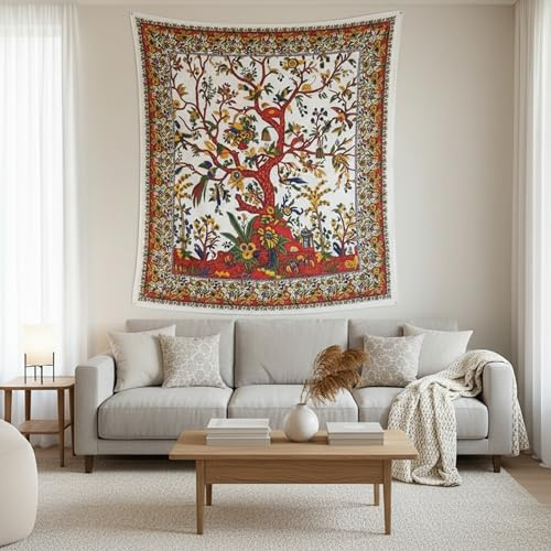 Craft Trade Weiß Baum Wandteppich Indische Wandtuch Tapestry Wandbehang Boho Wandteppiche für Heimdeko Wohnzimmer und Schlafzimmer - 127 x 152 cm