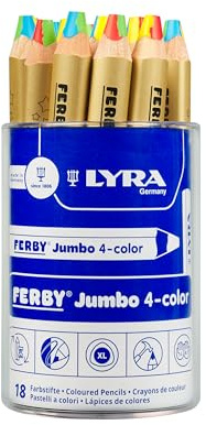 LYRA Ferby Jumbo 4-Colour Stifte gold lackiert Runddose Karton 18 Stk. | Holzbuntstift, dreikant, Mine 10mm, XXL-Stift, kurz, 12cm