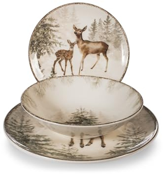 H&H, Set Tavola Natale Magical Deer 18 Pezzi – Piatti in Stoneware con Cerbiatto, Cervo e Boschi Invernali, Perfetto per Natale e Cene Invernali