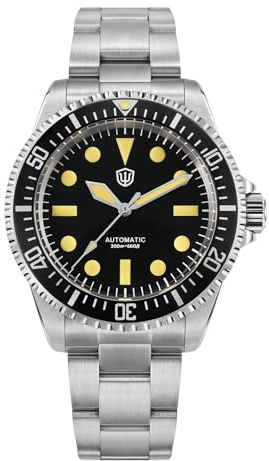 watchdives WD5513 Vintage Sub Dive Watch, PT5000 Automatic Watches 38mm Sapphire Crystal Wristwatch 200m Waterproof Watch (Black Yellow/Domed Sapphire)