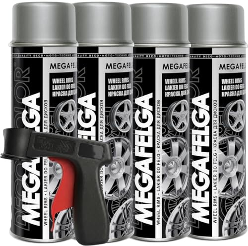 Craft-Equip DC 4er Sparpack MEGAFELGA 500ml inklusive Haltegriff - Felgenlack - Lackspray für Alufelgen und Stahlfelgen (4 Dosen 500ml Felgenlack Silber + Haltegriff)