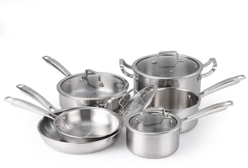 Garvee Tri-Ply Edelstahl Topfset 10-teilig, Induktions Kochgeschirr Set | mit Gleichmäßiger Wärmeverteilung, Kochtopfset PFOA-Frei und Ofenfest, für Alle Herdarten