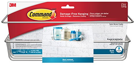 Command Bath Shower Caddy and 4 Water-Resistant Strips, Satin Nickel | Damage-Free Bathroom Shower Storage Organiser and Bath Shelf for Toiletries, Holds up to 3 kg, No Tools Required, No Drilling