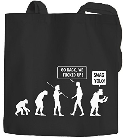 Jutebeutel mit lustigem Spruch Evolution go back we fuck up Baumwolltasche Stoffbeutel Tragetasche Moonworks® schwarz 2 lange Henkel