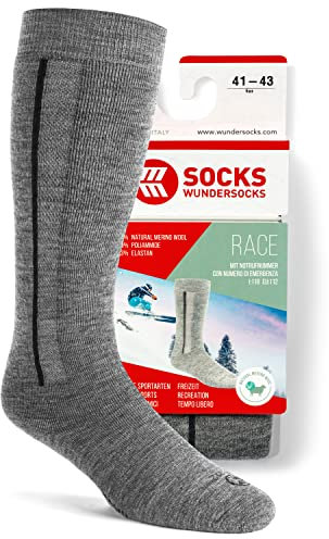 Wundersocks Skisocken & Skitouren für Herren und Damen [Made in Italy] 78% Merino Wolle, mulesingfrei, warme Funktionssocken, leicht gepolsterte Kniestrümpfe RACE (41/43, Grau)
