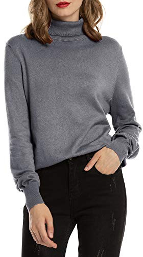 Woolen Bloom Polotröja för kvinnor, stickad tröja, stretch, tröja i mjuk, finstickad elegant ståkrage, stickad tröja, långärmad polotröja, för höst och vinter, GRÅ, M