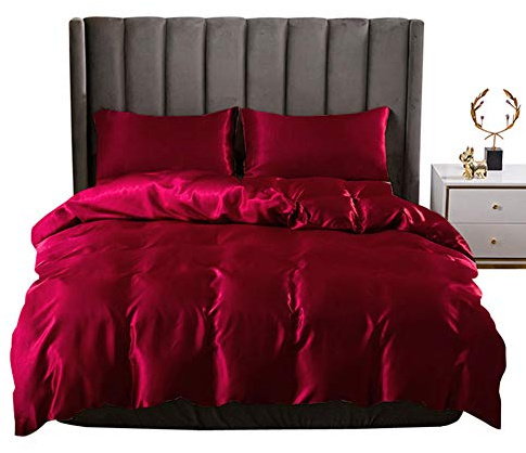 Erosebridal Burgundy Silk Bedding Set Silk Like Satin Duvet Cover Set Silk Soft Microfiber Comforter Cover Sets King Size Silk Material Duvet Cover for Adult Women Men with Zipper Ties,No Comforter