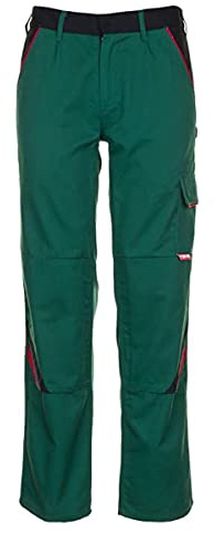 Planam Highline Arbeitshose Damen Bundhose grün/schwarz/rot | Knietaschen mit farbigen Applikationen, doppelte Maßstabtasche, Gummizugbund, 65 % Polyester 35 % Baumwolle, OEKO-TEX 100
