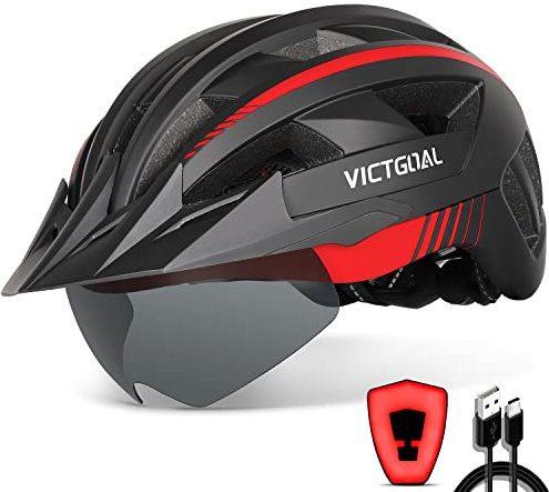 Victgoal Bike Helmet with USB Rechargeable LED Light Removable Magnetic Goggles Visor Breathable MTB Mountain Bicycle Helmet for Unisex Men Women Adjustable Cycle Helmets (L: 57-61 cm, Black Red)