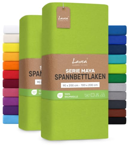 Lavea® 2er Pack Jersey Spannbettlaken 90/100x200cm – Apfelgrün | 100% Baumwolle – Weiches Bettlaken für Matratzen bis 20 cm Höhe – Formstabil und Langlebig