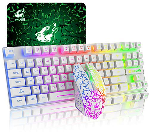 87 Llaves Combo de Teclado inalámbrico y ratón Arco Iris retroiluminado Teclado de Juego de sensación mecánica Recargable 2.4G + Ratón LED para Juegos de 2400DPI + Alfombrillas de ratón (Blanco)
