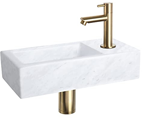 Differnz Helios Waschbecken - Waschtisch Weißer Marmor - Gerader Wasserhahn Matt Gold - Komplettset - 37,5 x 18,5 x 9 cm