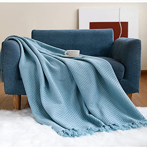 Zoomlie Gelb gestreifte Strickdecke mit dekorativen Fransen, Quasten, weiche Textur, Plüsch, reine Farbe, wendbare Decke für Betten, Sofas, Couch, Stühle, Einzelgröße (blau, 1)