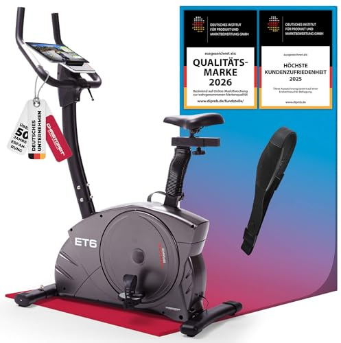 CHRISTOPEIT Ergometer Heimtrainer ET 6, bequem, leise, LCD Display, grau | Indoor Fahrrad mit 24 Widerstandsstufen, bis 150 kg und 200 cm, Bluetooth, Pulsmessung