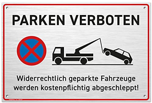 HAGEFOL® Parken Verboten Schild (30x20 cm, groß), Alu Metall, inkl. 4 Bohrlöcher, Parkplatzschild für Parkplatzsperren, Einfahrt-/ Ausfahrt freihalten