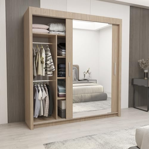 IE INTERIOR EMPORIUM Milan Full Mirror Double Sliding Door Wardrobe (or three in the 250cm size) With Shelves, Hanging Rails and LED Light in 6 Sizes & 4 Colors (150cm, Oak/Sonoma)