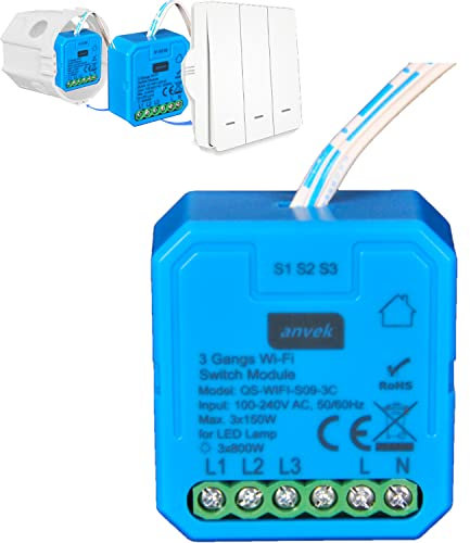Anvek Interruttori WiFi Alexa, 3 vie Interruttore Intelligente smart mini Telecomando Senza Fili con Telefono App Android iOS, Controllo Vocale con Alexa Echo e Google Home,tuya app (AS09-3C)
