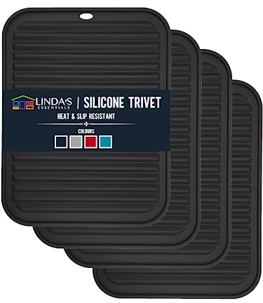 Linda's Essentials Silicone Trivets for Hot Pans and Pots (4 Pack) - Multipurpose Silicone Heat Resistant Mat and Pot Holder Trivet (30 x 23cm) - Heatproof Mats for Kitchen (Black)