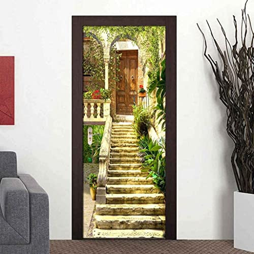 Pegatinas De Puerta Para Puertas Interiores 3D Edificio De La Casa Del Jardín Mural Autoadhesivo Para Decoración Del Hogar, Calcomanía Artística Para Dormitorio, Sala De Estar, Póster Extraíble, Pega