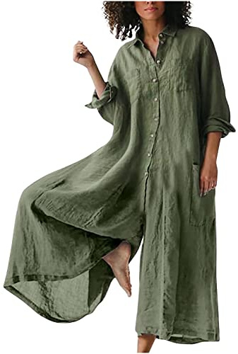 HAOLEI Linen Jumpsuit for Women UK Sale Clearance Baggy Loose Fit Jumpsuits Cotton Linen Rompers Playsuits Wide Leg Pants Pleated Short Sleeve Beach Boho Bib Overalls with Pockets Plus Size 8-22