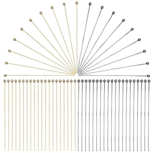 PandaHall PH 200 Stück Schmuckkopfnadeln 304 Edelstahl-Kugelkopfnadeln Biegbare Lange Bastelkopfnadeln Für Ohrringe Anhänger Armbänder Halsketten DIY-Schmuckhandwerk Golden/Edelstahl Farbe