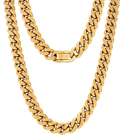 VEXXS Cuban Chain Necklace,Flat Curb Chain for Men, 10/12mm 18K Real Gold Plated Gold Chain, Durable No Color Fading Men’s Necklace Chain Street Wear Hip Pop Urban Fashion Mens Jewelry Gift