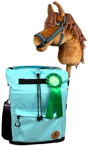 Driver13 Ló Hobbyhorse Rucksack für 4 Steckenpferde, Aruba Blau/Hell | Hobbyhorsing Tasche, Transport, Aufbewahrung, 2 Fronttaschen, Innentasche, Turnier