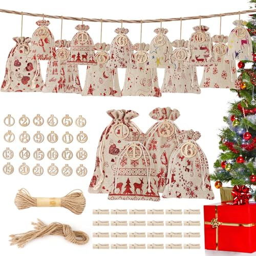 ANZOAT Adventskalender Tüten zum Befüllen 2023,24 Stk Weihnachtskalender Jutesäckchen Selberfüllen,Adventskalender Säckchen für Diy Kinder,Männer,Frauen(2 Größen), Bunt