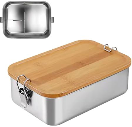 Bento Fiambrera para adultos/niños, fiambrera de acero inoxidable, fiambrera con 2 compartimentos/3 compartimentos, caja de metal con tapa de madera, sin BPA, caja de metal para el desayuno, para la