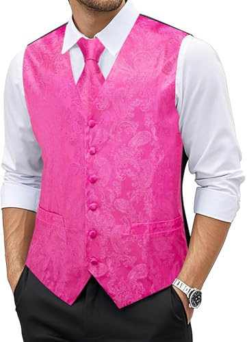 YOHOWA Juego de 6 chalecos para hombre con bolsillo para corbata, gemelos cuadrados, flor de cachemira, cuello en V en seda, perfecto para ocasiones formales e informales, Flor rosa., L