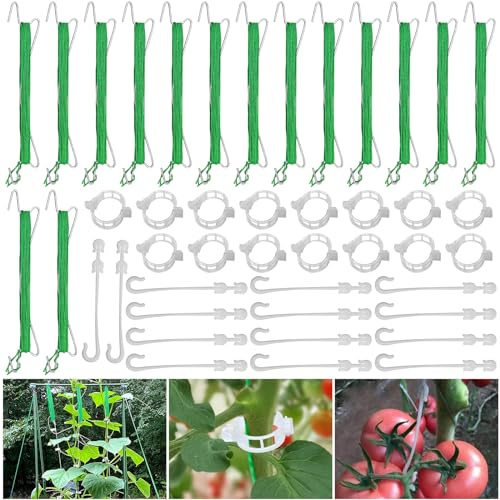 LFBEST Tomatenhaken Set, 15 Stück Tomatenhaken Metall mit 15 Pflanzenschnalle and 10 m Seil, Gemüsehaken Tomatenhaken Tomatenhaken Mit Schnur für Hängende Tomaten und Gurken