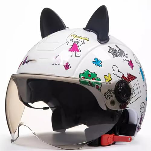 QJWMatic Kinder Four Seasons Motorrad-Halbhelm, Offener Helm Mit Visier Straßenmoped ATV Roller Leichter Helm Jungen Und Mädchen B,50-54CM