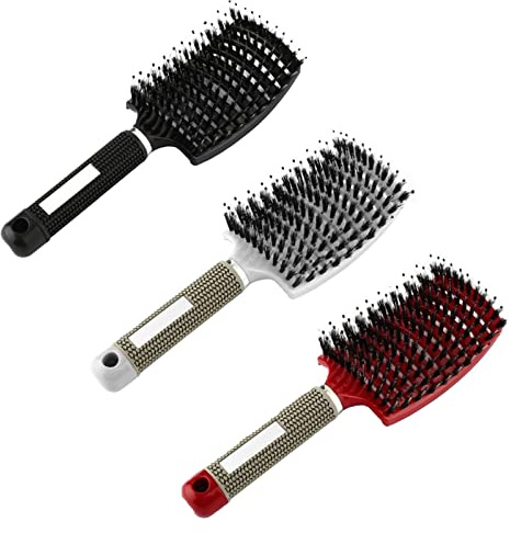 DUGEGAYL 3 Stück Entlüftete Entwirrende Haarbürste, Haarbrste Wildschweinborsten, Wildschweinborsten Gebogene Haarbürste mit Kamm fr Lange, lockige Haare, Styling Hair Brush Set (Schwarz,Weiss,Rot)