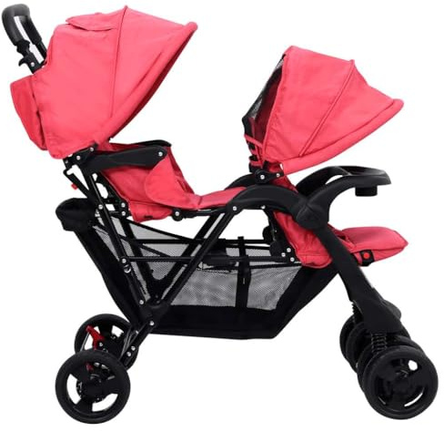 Kavolet Geschwisterwagen, Zwillings Kinderwagen aus Stahl und Oxfordgewebe mit Regenschutzhaube, Faltbaren Reise-Kinderwagen, für Babys und Kleinkinder Rot und Schwarz 122,5x53,5x111cm