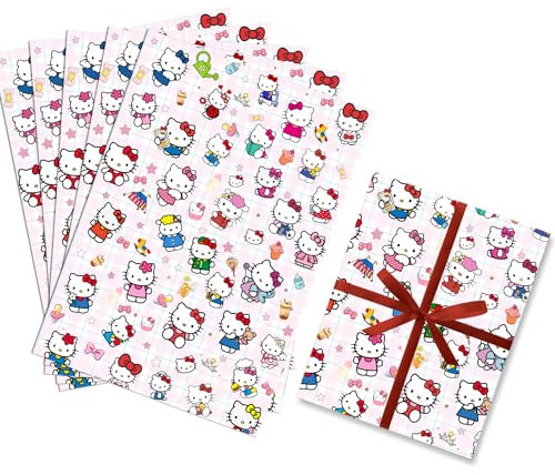 HOOKTA 5 Blätter Kitty Geschenkpapier 51 x 75 cm Kraftpapier langlebig Kitty Geschenkpapierbögen für Kindergeburtstage Party Festliche Dekoration (Süßes Plaid)