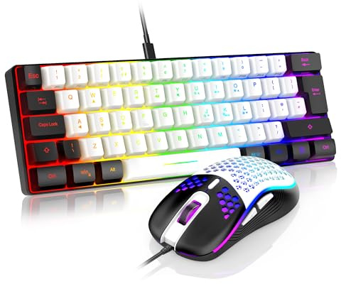 RedThunder 60% RGB Gaming Keyboard and Mouse Combo,UK Layout Ultra Compact Backlit Mini Keyboard, Lightweight 7200 DPI Cellular Optical Mouse, Portable Wired Gaming Set for PC PS5 Gamers(White-Black)