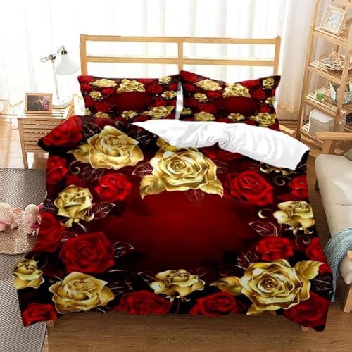 Goldfolie Rose Fashion Luxus Blume Kinder Bettbezug Full King Size Bettbezug Set mit Reißverschluss und Eckbändern 220x240cm+65x65cmx2