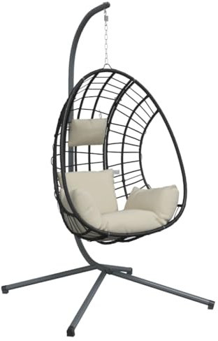 vidaXL Hängesessel, Hängestuhl Ei-Design mit Ständer, Eierstuhl für Wohnzimmer, Schaukelsessel Eiersessel, Modern, Beige Rattan Stahl