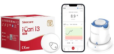 Sinocare iCan CGM, Continuous Glucose Monitor, 15 Days Wear-life & IP28, Every 3 Minutes Output Test Value Via iCan CGM App, Pack of 1 Sensor & Transmitter